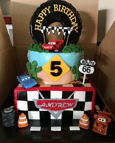 Disney’s Cars theme birthday cake. Tire made from Rice Krispie treat. Cars Theme Birthday Cake, Disney Cars Movie, Disney Cars Party, Krispie Treats Recipe, Rice Krispies Treats, Krispy Treats, Cars Theme Birthday Party, Krispies Treats, Cars Party