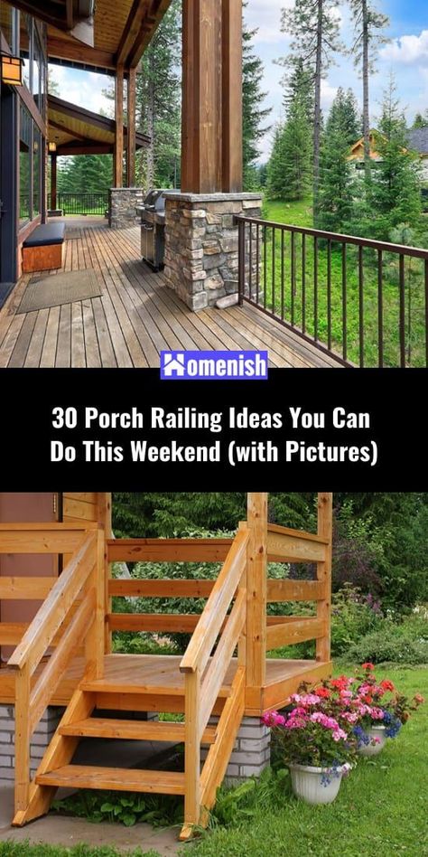 Porch railings can be made of various materials, such as wood, metal, and concrete. Plus, they come in numerous styles or designs. Fortunately, we can provide you with a list of porch railing ideas. Hopefully, this guide can help you choose the best style that matches your preferences. Porch Railing Diy, Outside Stair Railing, Step Railing Outdoor, Porch Step Railing, Front Porch Railing Ideas, Porch Railing Ideas, Deck Railing Diy, Porch Handrails, Metal And Concrete