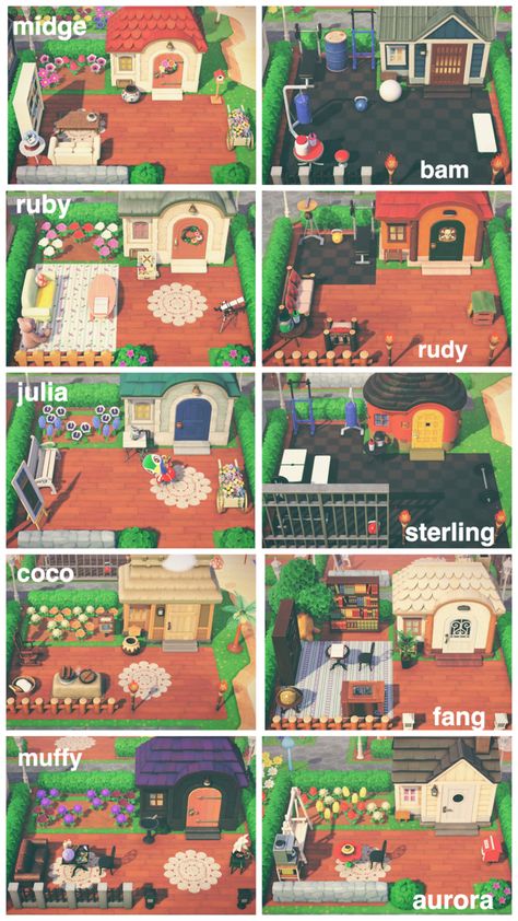 Yards for the villagers I currently have on Amity (: Acnh Neighbor Yard Ideas, Acnh Neighbor House Ideas, Acnh Sherb House Ideas, Yard Ideas For Kids, Animal Crossing Cafe, Animale Crossing, Yard Ideas Acnh, Island Layout, Kids Yard