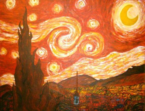 Red starry night by Kimmie028.deviantart.com on @DeviantArt Red Starry Night, Van Gogh Drawings, Starry Night Painting, 3d Art Drawing, Arte Van Gogh, The Starry Night, Poetry Art, Canvas Painting Designs, Art Van