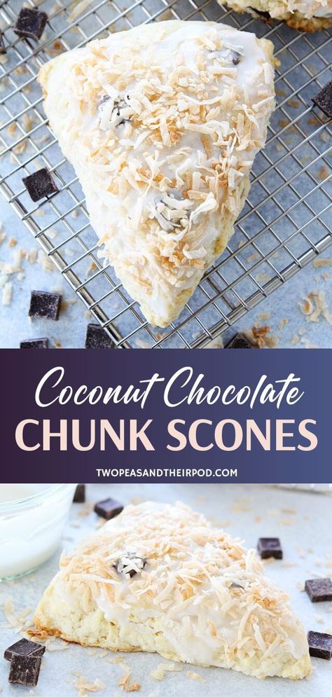 Coconut Chocolate Chunk Scones are homemade treats perfect for Easter! Soft and fluffy scones are loaded with coconut and chocolate chunks in a sweet coconut glaze. Family and friends will love them any time of the day! Save this easy dessert recipe and try it on Easter! Chocolate Chunk Scones, Scones Recipe Easy, Coconut Chocolate, Chocolate Chunk, Coconut Recipes, Scone Recipe, Chocolate Coconut, Breakfast Treats, Sweet Stuff