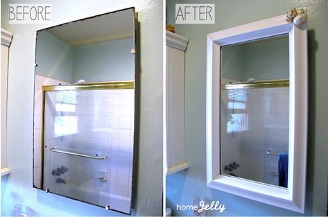 Frame out your old medicine cabinet for a totally fabulous makeover! Diy Mirror Frame Bathroom, Bathroom Medicine Cabinet Mirror, Medicine Cabinet Makeover, Old Medicine Cabinets, Bathroom Mirror Makeover, Diy Medicine, Cabinet Mirror, Mirror Makeover, Bathroom Mirror Frame