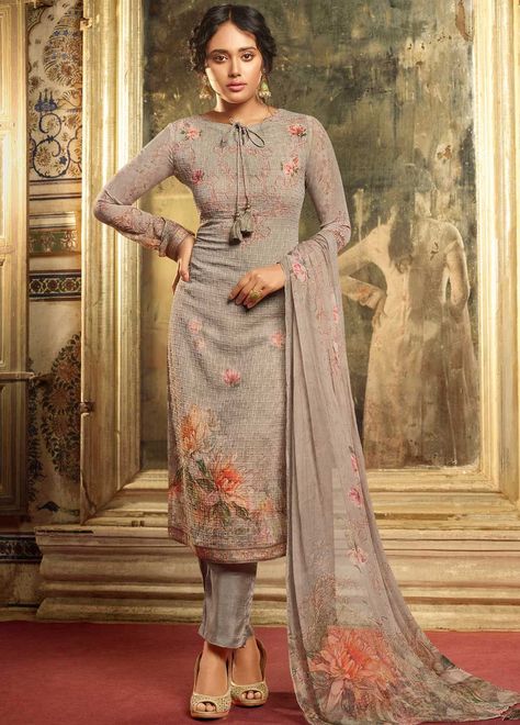 Buy Grey Casual Wear aline suits online - Manndola Grey Salwar Suit, Celana Fashion, Latest Salwar Kameez, Straight Cut Pants, Salwar Kameez Online, Embroidered Pants, Pure Chiffon, Designer Salwar Suits, Salwar Kameez Designs