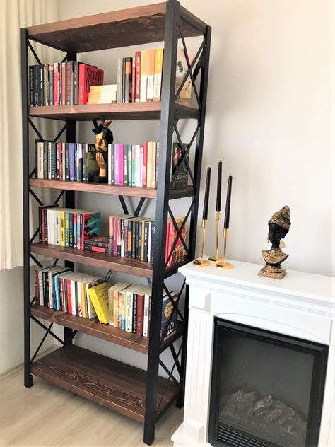 #bookcase #bookshelves #bookshelf Industrial Bookshelf Styling, Steampunk Bookshelf, Bookshelves Vintage, Style Bookshelves, Rustic Bookshelves, Steel Bookshelf, Solid Wood Bookshelf, Bookshelves In Bedroom, Wood Bookshelf