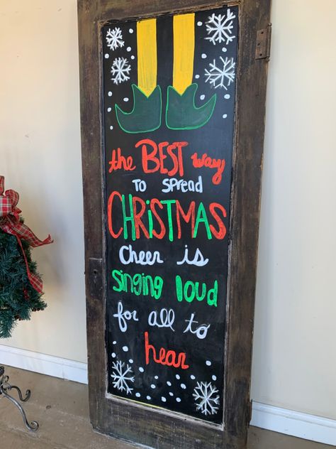 Elf Chalkboard Ideas, Elf Movie Bulletin Board Ideas, Buddy The Elf Hallway Decorations, Buddy The Elf Party Decorations, Buddy The Elf Office Decorating Ideas, Elf Hallway Decorations School, Buddy The Elf Decorations Christmas, Buddy The Elf Door Decoration, Elf Door Decorations Classroom