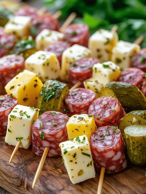 If you're on the hunt for a show-stopping appetizer that dazzles both visually and in flavor, look no further than this Easy Marinated Cheese Appetizer with Salami & Pickles. This delightful dish combines cubes of creamy mozzarella and sharp cheddar cheeses with savory salami and tangy pickles, all coated in a zesty marinade of olive oil and herbs. Perfect for parties, picnics, or simply a delightful snack at home, this appetizer is sure to impress your guests and keep them coming back for more! Cube Cheese Appetizers, Salami Hors D’oeuvres, Baked Salami Appetizer, Marinated Cheese And Salami, Salami Cheese Skewers, Marinated Cheese Cubes, Salami Appetizer Party Appetizers, Hard Salami Recipes, Meat And Cheese Skewers