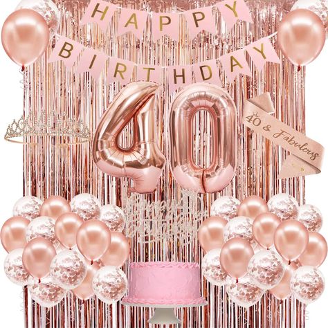 PRICES MAY VARY. 40TH BIRTHDAY DECORATIONS SET: 1 x 40th birthday crown, 1 x rose gold 40th sash, 1 x happy 40th birthday cake topper, 1 x rose gold 40 number balloon (40 inch), 1 x happy birthday banner, 2 x rose gold fringe curtain (3.2 X 8.2ft), 25 x metallic rose gold balloons and 25 x rose gold confetti balloons (12 inch), 1 x inflating straw, 1 x balloon glue dot (100pcs dots in total), 2 x balloon ribbons (66ft in total), 1 x gold pin. You will organize the perfect happy 40th birthday par 40th Birthday Set Up Pink, Birthday Decorations Women, Birthday Party Decorations For Women, 70th Birthday Banner, 70th Birthday Parties Decorations, 60th Birthday Banner, 60th Birthday Cake Toppers, 40th Birthday Banner, 50th Birthday Banner