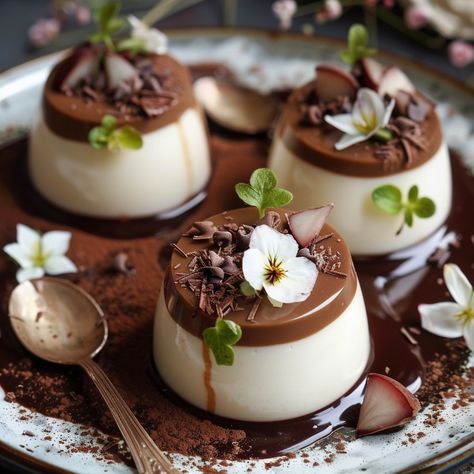 Chocolate and Pear Panna Cotta: A Melting and Gourmet Delight #PannaCotta #EasyDessert #Delicacy #Chocolate #Pear Want a refined and tasty dessert at the same time? This chocolate and pear panna cotta is made for you! Ingredients : For the panna cotta: 500 ml of whole liquid cream 250 ml of milk 1 vanilla pod 100g caster sugar 8 g of powdered gelatin For the pear compote: 2 very ripe pears 50 g of powdered sugar 2 tablespoons of water 1 tablespoon of lemon juice For the chocolate sauce: ... Pear Compote, Chocolate Panna Cotta, Mexican Chocolate, Caster Sugar, Chocolate Sauce, Food Goals, Best Foods, Easy Desserts, Food Art