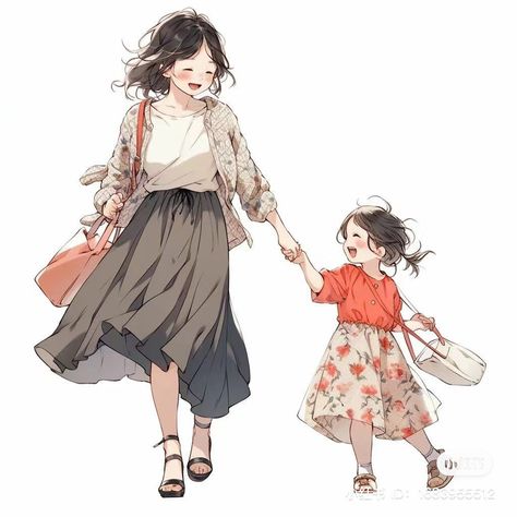 Mother And Daughter Drawing Anime, Pose Mother And Daughter, Mother Daughter Animation, Mom Holding Baby Drawing, Adult And Child Drawing Reference, Parent And Kid Drawing Reference, Mom And Daughter Illustration, Parent Poses, Mother Drawing