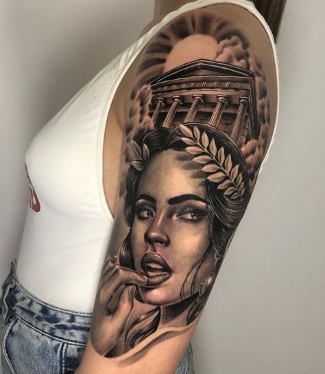 Goddess Of Love Tattoo, Aphrodite Goddess Tattoo, Greek Goddess Tattoo, Aphrodite Tattoo, Tattoo Perna, Back Of Arm Tattoo, Army Tattoos, Tattoo Filler, Tattoo Background