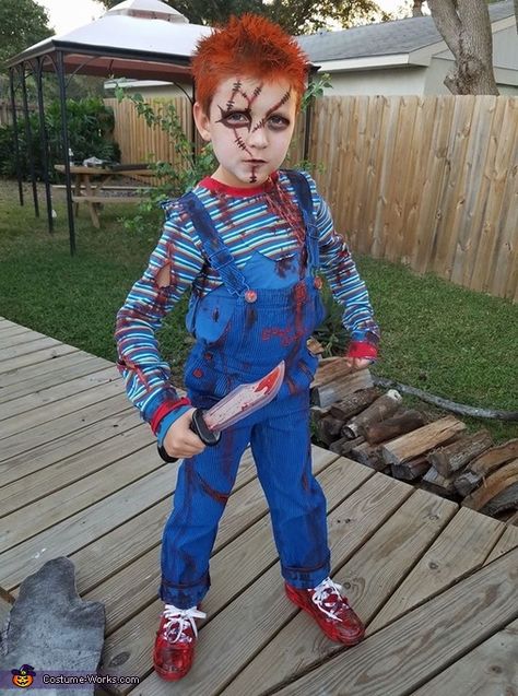 Halloween Look For Boys, Halloween Costume 4 Year Boy, Chucky Costume Mens, Chucky Makeup For Kids, Mens Chucky Costume Diy, Diy Chucky Costume Kids, Kids Chucky Costume, Chucky Fancy Dress, Halloween Costume Boys 10-12