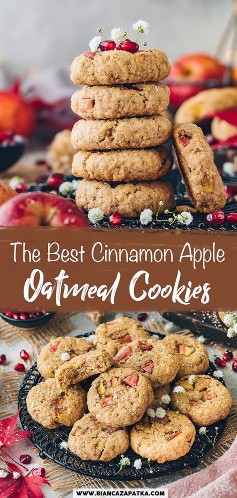 Apple Cinnamon Oatmeal Cookies These easy-to-make vegan Apple Oatmeal Cookies are flavored with vanilla and cinnamon, making them the perfect fall holiday treats. You can make these deliciously moist and chewy oat cookies generously flecked with apple bits and crushed walnuts in less than 30 minutes! Vegan Apple Cookies, Apple Oat Cookies, Vegan Apple Oatmeal, Apple Cinnamon Oatmeal Cookies, Vegan Christmas Cookies Recipes, Cinnamon Cookies Recipes, Cinnamon Healthy, Cinnamon Oatmeal Cookies, Oat Cookie Recipe