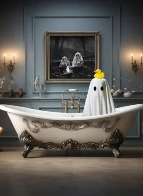 Halloween Ghost Illustration, Ghost Bathroom, Creepy Wallpaper, Academia Room Decor, Ghost Poster, Gothic Painting, Dark Academia Room Decor, Dark Academia Room, Halloween Bathroom Decor