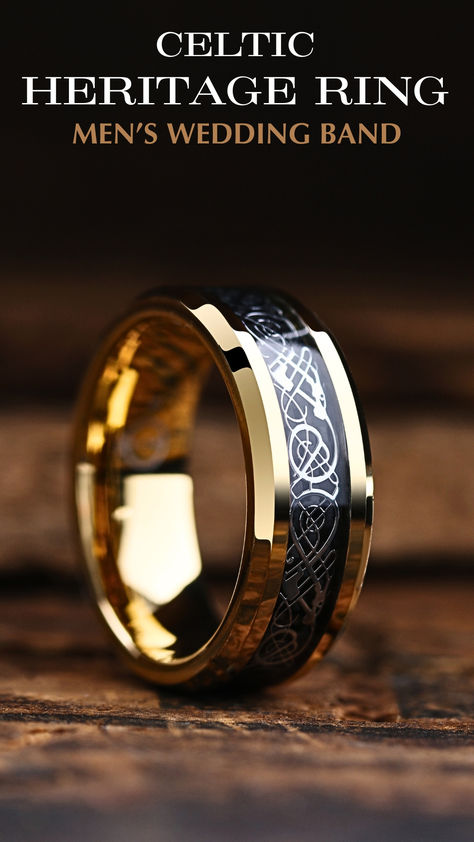 Men's Celtic Wedding Band / Yellow Gold Tungsten Ring With Celtic Inlay Celtic Rings For Men, Mens Celtic Wedding Bands, Fallout Funny, Gold Tungsten Wedding Bands, Men's Wedding Rings, Celtic Wedding Bands, Scotland History, Liqueurs Recipes, Celtic Heritage