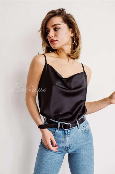 Black Silk Cami Outfit, Autum Outfit, Silk Shirt Outfit, Miami Club, Silk Clothing, Shirt Inspiration, Tank Top Outfits, Silk Outfit, Black Camisole