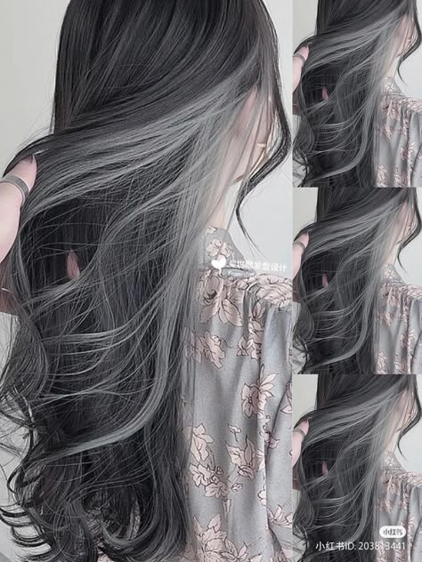 White Hair With Black Lowlights, Black Hair With Grey Highlights Silver, Black And Grey Hair Highlights, Hair Colour Korean, Hair Dye Styles Ideas, Half Hair Dye, Smoky Highlights, White Hair Color Ideas, 2024 Hair Trends For Women