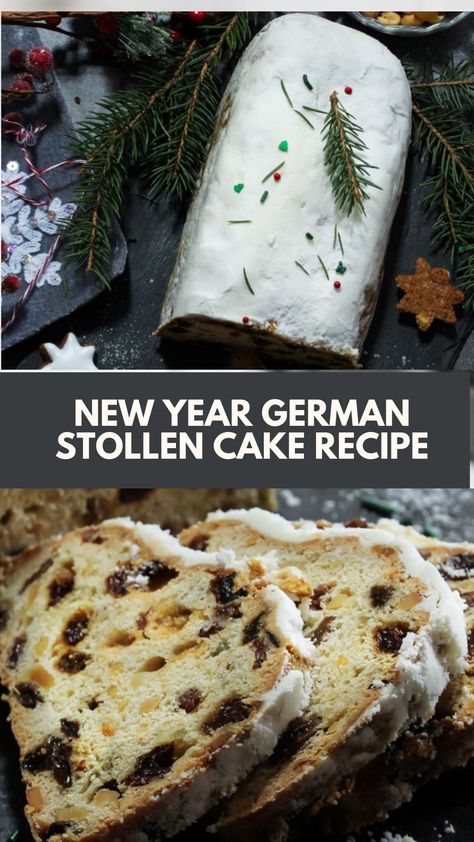 New Year German Stollen Cake recipe made of dried fruits, nuts, spices, and marzipan, all coated in powdered sugar serves 12 and takes about 1 hour to prepare and bake. Perfect for holiday festivities, adding tradition and sweetness. German Christmas Cake, Stollen Recipe Germany, Traditional Yule Recipes, Marzipan Stollen Recipe, Easy Stollen Recipe, German Christmas Stollen Recipe, German Breads, German Cuisine Recipes, Christmas Stollen Recipe