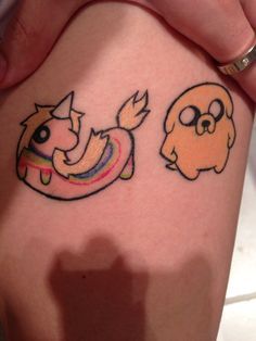 Jake And Lady Rainicorn Matching Tattoos, Fiona And Cake Tattoo, Lady Rainicorn Tattoo, Jake And Lady Rainicorn, Jake Tattoo, Bean Tattoo, Lady Rainicorn, Maching Tattoos, Adventure Time Tattoo