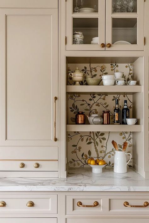 Pantry To Cabinet Conversion, Kitchen Ideas Wallpaper, Wallpaper Inside Cabinets Kitchen, Mushroom Colored Kitchen Cabinets, Kitchen Cabinets Wallpaper, Wallpaper Inside Cabinets, Kitchen Cabinets Beige, Kitchen Wallpaper Ideas, Cabinet Color Ideas