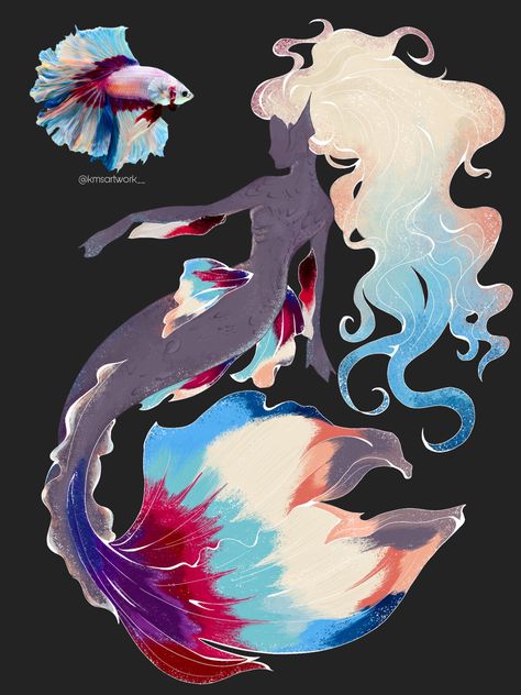 Mermaids Based On Fish, Mermaid Tails Design, Fish Tails Drawings, Red And Blue Character Design, Pink Mermaid Drawing, Betta Fish Mermaid Tail, Mermaid Tail Designs Drawing, Mermaid Tails Art, Siren Tail Drawing