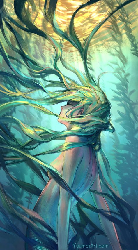 Ocean Forest by yuumei Water Nymph Character Design, Yuumei Art, Ocean Forest, Illustration Art Nouveau, Digital Painting Portrait, Drawing Hair, Blue Planet, Contour Drawing, Mermaids And Mermen