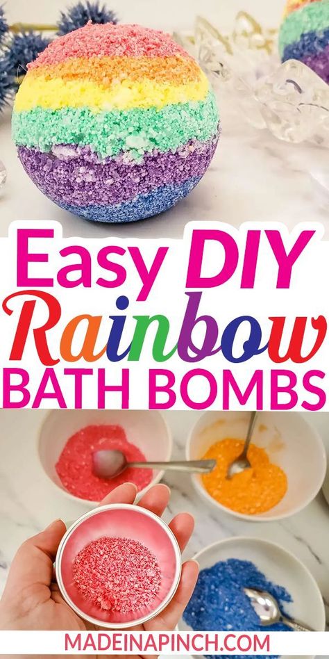 Kids love baths and our Rainbow Bath Bombs are a delightful way to make bath time even more amazing. They look beautiful, smell incredible, and adults will LOVE them too! We love bath bombs for oh-so-many reasons! They’re super easy to make, fun to use, and sell like hotcakes if you have a school fundraiser or want a little side business. | @made_in_a_pinch #diybathbombs #howtomakebathbombs #funbathbombs #rainbowbathbombs #easykidscrafts #fundiyprojects Bath Bombshell, Rainbow Popsicles, Rainbow Bath Bomb, Bombe Recipe, Bath Bomb Recipes, Bath Bomb Molds, Diy Rainbow, Side Business, Mom Tips