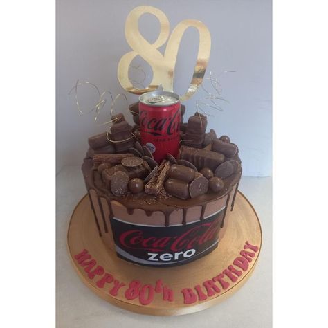 chocolate drip cake filled with chocolate and a can of coke zero finished with mirror card topper Can Of Coke, Chocolate Drip Cake, Happy 80th Birthday, Coke Zero, Coke Cans, Chocolate Drip, Drip Cake, Card Toppers, Drip Cakes