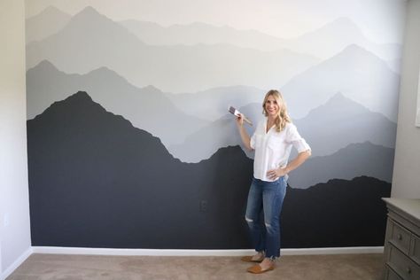 painted wall featuring mountain range in shades of gray Diy Bedroom Accent Wall, Accent Wall Bedroom Paint, Bedroom Accent Wall, Mountain Mural, Diy Accent Wall, Room Wall Painting, Bedroom Wall Designs, Bedroom Accent, Bedroom Wall Paint