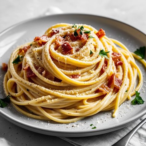 🍝Spaghetti Carbonara 📄Ingredients - 12 oz (340 g) spaghetti - 4 oz (115 g) pancetta or guanciale, diced - 2 large eggs - 1 cup (100 g) grated Parmesan cheese - 2 cloves garlic, minced - Salt and freshly ground black pepper to taste - 2 tablespoons olive oil - Fresh parsley for garnish (optional)  #spaghetti #italianfood #carbonara Carbonara Photography, Carbonara Ingredients, Classic Italian Dishes, Spaghetti Carbonara, Picky Eaters, Parmesan Cheese, Classic Italian, Grated Parmesan Cheese, Freshly Ground