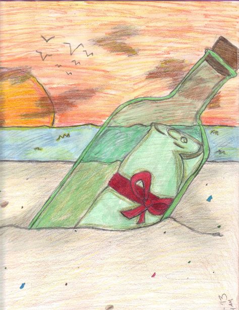 Message In A Bottle Drawing, In A Bottle Drawing, Sand Drawing, Dream Drawing, Bottle Drawing, Round Robin, Painted Bottle, Mural Ideas, Pencil Crayon