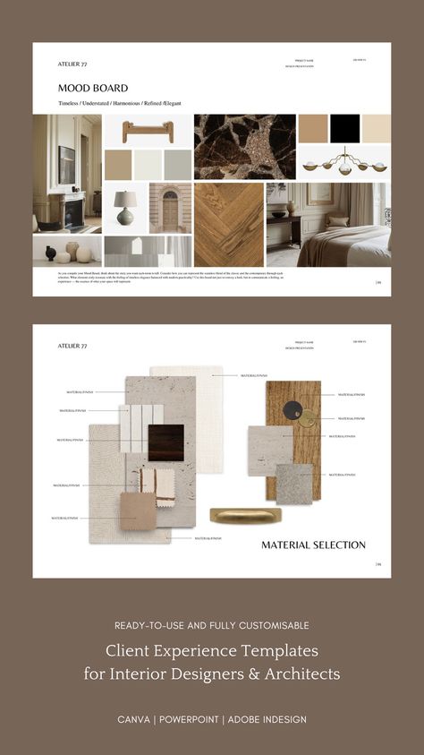 Interior Design Templates, Customisable in Canva, Powerpoint, Adobe InDesign Powerpoint Interior Design, Japandi Graphic Design, Material Mood Board Interior Design, Interior Design Content Ideas, Interior Design Concept Presentation, Interior Brochure Design, Interior Design Concept Board, Moodboard Graphic Design, Interior Design Visual Presentation