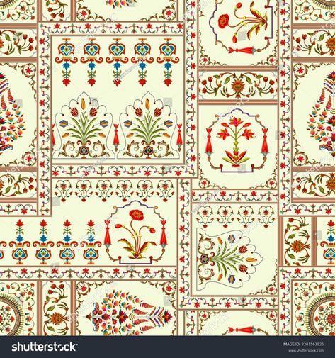 Seamless Mughal Floral Ethnic Paisley Pattern Stock Illustration 2201563825 | Shutterstock Mughal Flower Pattern, Ajrakh Design, Mughal Prints, Mughal Pattern, Mughal Art Paintings, African Pattern Design, Mughal Art, Ajrakh Prints, Spider Art