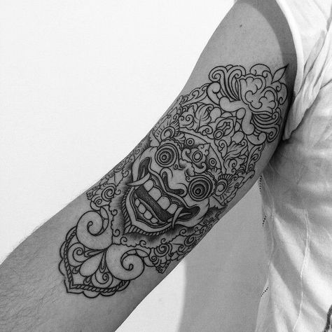 . Indonesian Tattoo Ideas, Bali Mask Tattoo, Bali Tattoo Ideas, Protector Tattoo, Indonesian Tattoo, Barong Tattoo, Hannya Maske Tattoo, Hannya Maske, Balinese Tattoo