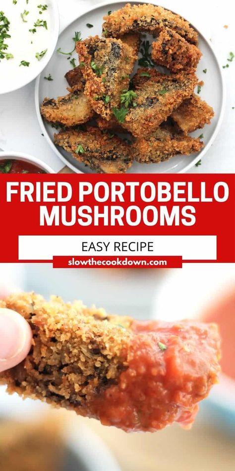 You are in for a real treat with this delicious and crispy vegetarian appetizer. Deep fried portobello mushrooms are quick and easy to make and made for sharing. Great as an appetizer served with dips, or use as a vegetarian taco filling! Vegetarian Taco Filling, Portabella Mushrooms Recipes, Breaded Mushrooms, Vegetarian Taco, Vegetarian Appetizer, Taco Filling, Mushroom Tacos, Deep Fried Appetizers, Baked Mushrooms