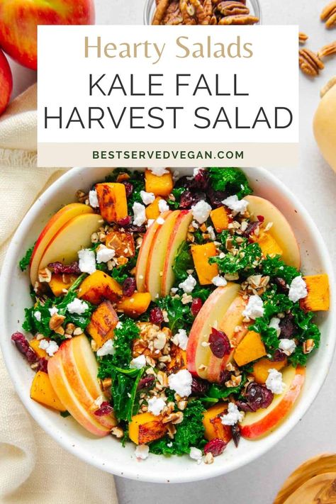 Enjoy the flavors of autumn with this vegan fall harvest salad. The base is a massaged kale salad topped with apples, maple roasted butternut squash, peacans for some crunch, dried cranberries for some sweetness, and creamy vegan feta cheese. The maple apple cider dressing just brings this healthy fall salad to another level! This salad is healthy, simple, and filling, and naturally vegan, dairy-free, and gluten-free! Apple Cider Dressing, Cider Dressing, Healthy Fall Salads, Harvest Salad Recipes, Fall Harvest Salad, Massaged Kale Salad, Butternut Squash Apple, Vegan Feta, Autumn Salad Recipes