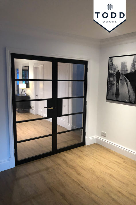 With a slender and stylish glazing bar, stile and rail details, this crittall style door is perfect for using as a pair to divide any space. Incorporating a mid-height lock block that is functional and well placed to suit our entire range of ironmongery. Our contemporary Odense Black 5-Light is constructed using an MDF face over a solid core, giving a weighty and durable feel. This door range comes fully factory finished in a black satin paint. Black Internal Doors, Timber Interior, Industrial Doors, Viking House, Internal Sliding Doors, French Doors Exterior, Interior Industrial, Add Character To Your Home, Glazed Doors