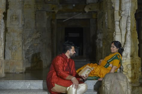 Traditional Pregnancy Photoshoot, Traditional Maternity Photoshoot, Seemantham Saree Ideas, Traditional Maternity Shoot, Temple Shoot, Indian Maternity Photos, Traditional Shoot, Vintage Indian Fashion, Dohale Jevan