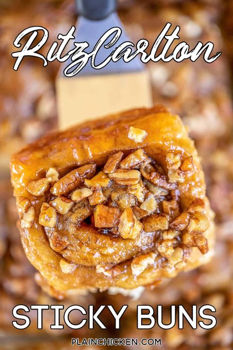 Ritz Carlton Sticky Buns - got the recipe directly from the pastry chef that created the recipe in Amelia Island, FL. These are AMAZING and super easy to make. Frozen cinnamon roll dough, brown sugar, butter, honey, corn syrup, vanilla, and chopped pecans. Great for breakfast, brunch, and holiday mornings. They also make a great homemade food gift! #stickybuns #breakfast #cinnamonrolls Easy Sticky Buns With Frozen Bread Dough, Ritz Carlton Recipes, Sticky Buns With Frozen Bread Dough, Morning Breakfast Recipes, Easy Sticky Bun Recipe, Easy Sticky Buns, Honey Corn, Morning Recipes Breakfast, Brown Sugar Butter