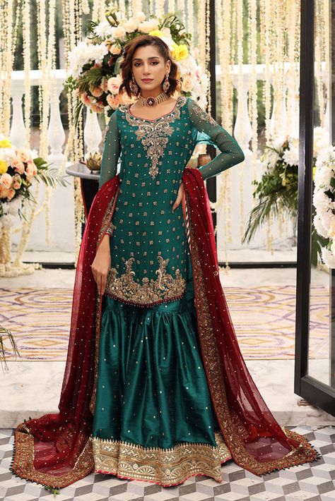 Aisha Imran. Ghazal Gharara Dress, Garara Designs Pakistani Dresses, Green Gharara Pakistani Dresses, Dark Green Gharara, Colorful Gharara, Mehndi Gharara Pakistani Bridal, Red Bridal Gharara Pakistani, Mehendi Dresses, Elegant Bridal Dress