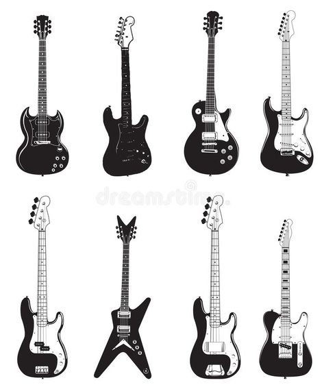 Set of guitar silhouettes black color isolated on white - Electric Guitars and Logo for Music store. Heavy rock electric guitars outline musical instruments vector illustration Guitar Patchwork Tattoo, Electric Guitar Silhouette, Electric Guitar Shapes, Electric Guitar Tattoo Ideas, Drawings Of Guitars, Electric Guitar Tattoo Design, Rock Music Drawing, Electric Guitar Doodle, Electric Guitar Drawing Sketches