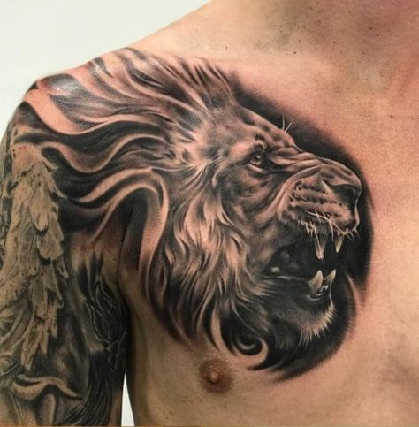 Tattoo Nick, Lioness Tattoos, Lion And Lioness Tattoo, Lion Chest Tattoo, Lion Shoulder Tattoo, Chest Tattoos For Men, Lion Lioness, Tato Dada, Lioness Tattoo