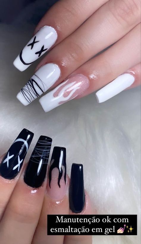 #nails #nailart #nailidea  #nailsacrylic  #nailsinspo  #nailfashion #springnails #halloweennails #fallnails Barbwire Nails Design, Black With White Design Nails, X Face Nails, Black Nails Tips, Medium Length Coffin Nail Ideas, Emo Nails Acrylic, Nail Ideas Easy, Purple Glitter Nails, Punk Nails