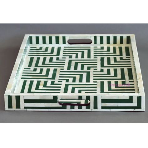 A Bone Inlay Kitchen Serving Tray is an exquisite, handcrafted piece with intricate bone inlay on a wooden base. This elegant tray, available in various sizes, serves both practical and decorative purposes. Its timeless design features classic patterns and motifs, making it a versatile addition to your kitchen or living space. During the Christmas season, it can be used to display holiday treats, candles, or ornaments, enhancing your festive decor. Beyond Christmas, it remains a stylish and functional home decor item. Care should be taken to preserve its delicate inlay work. Add luxury and sophistication to your home with this beautiful tray. This bone inlay serving tray comes in four different sizes -  L 30 X W 15 X H 2.5 Cm (excluding the handle void),  L 50 X W 38 X H 5 Cm,  L 60 X W 38 Bone Inlay Tray, Elegant Tray, Decor Tray, Tray Coffee Table, Christmas Tray, Kitchen Tray, Serving Tray Decor, Coffee Table Tray, Table Tray