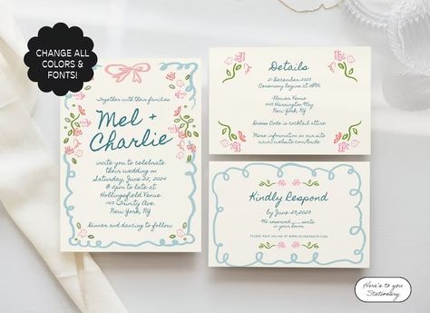 Floral Wedding Invitation Suite Template Hand Drawn Ribbon - Etsy Australia How To Draw Ribbon, Floral Wedding Invitation Suite, Hand Drawn Wedding, Carton Invitation, Garden Party Wedding, Floral Wedding Invitation, Handwritten Fonts, Party Invite Template, Custom Wedding Invitations