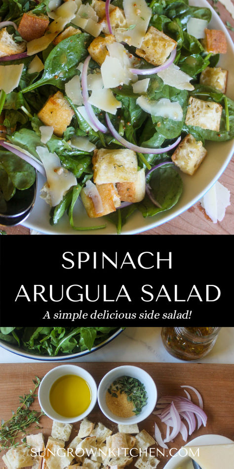 Rustically simple with incredible flavor, this Spinach Arugula Salad is the perfect side to accompany any dish! With peppery arugula and nutritious baby spinach, plus homemade croutons, big shavings of Parmesan cheese, and a quick shake of honey red wine vinaigrette, it's our go-to salad! Baby Arugula Recipes, Cheese And Honey, Arugula Recipes, Arugula Salad Recipes, Spinach Salad Recipes, Red Wine Vinaigrette, Quick Side Dishes, Croutons Homemade, Arugula Salad