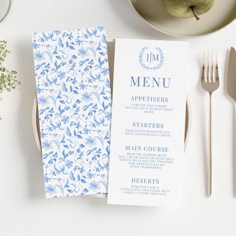 Drinks Menu Wedding, Chinoiserie Wedding, Elegant Wedding Menu, Bridal Luncheon, Floral Napkins, Wedding Blue, Wedding Menu Cards, Blue Wedding Invitations, Coastal Wedding