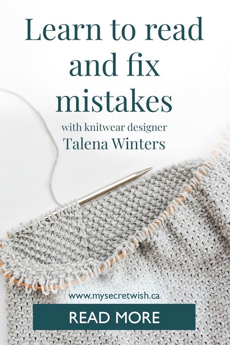 Learn to read and fix mistakes with knitwear designer Talena Winters. www.mysecretwish.ca. Read more. Image shows a project on circular needles covered in seed stitch. Fixing Knitting Mistakes, Fix Knitting Mistakes, Fix Dropped Stitch Knitting, How To Fix Knitting Mistakes, Knitting Tips, Knitted Wit, 2025 Vision, Knit Stitch, Knitwear Design