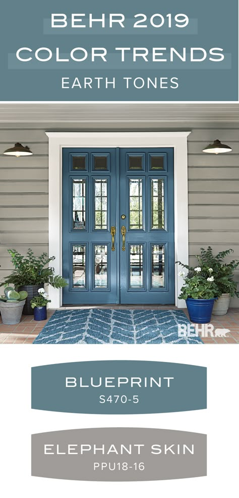 Ground your home with this earth tone paint color palette from the Behr 2019 Color Trends collection. Start with the Behr 2019 Color of the Year: Blueprint. This modern blue hue is a great, bold accent color as seen on this front door. Elephant Skin is a light neutral gray that is perfect for the siding of this porch. Click below to see more home decor inspiration. Earth Tones Paint, Trim Ideas, House Paint Color Combination, Color Combinations Paint, Exterior Paint Colors For House, Paint Color Palettes, Casa Exterior, Front Door Colors, Door Trim