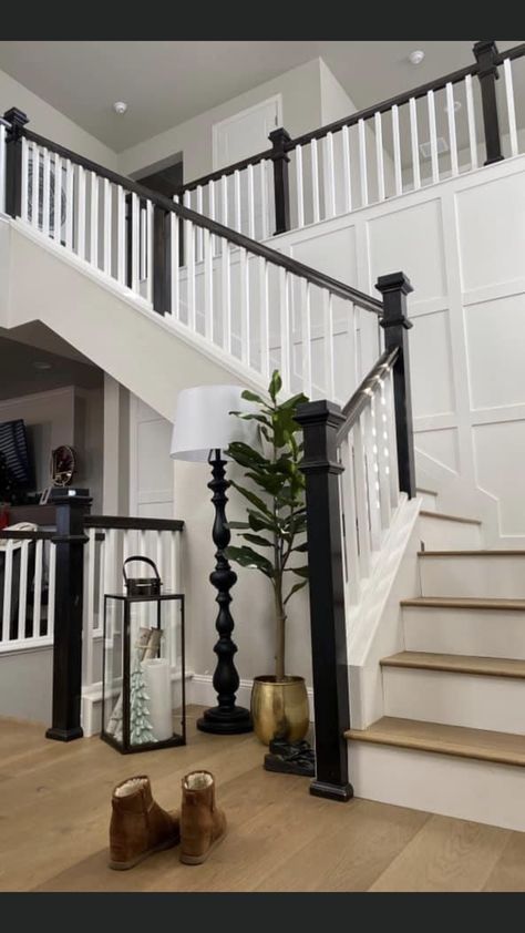 Hardwood Floor Stairs Staircases, Painted Stairs And Railings, Black And White Stair Banister, Black White Staircase Banisters, Black Handrails White Spindles, Stair Bannister Makeover, All Black Stair Railing, Black Painted Stairs Banisters, Matte Black Stair Railing