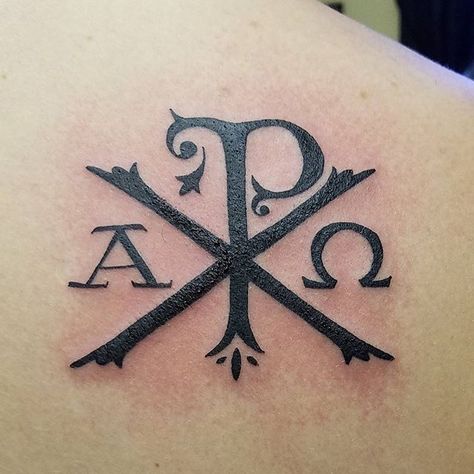 Chi Rho is one of the earliest forms of christogram, and is used by some Christians. It is formed by superimposing the first two (capital) letters chi and rho (ΧΡ) of the Greek word "ΧΡΙΣΤΟΣ" = KRistos = Christ in such a way to produce the monogram. #tattoos #tattoo #christiantattoo #religioustattoo #blacktattoo #firsttattoo #shouldertattoo #cleantattoos #newtattoo #freshtattoo #inked #tattoosbyljk #ljkostaneski Chi Rho Tattoo, Nova Tattoo, Hebrew Tattoo, Christ Tattoo, On Tattoo, Tattoo Concepts, Tattoo Shoulder, Chi Rho, Faith Tattoo